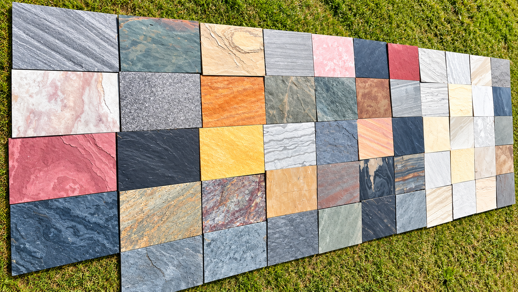 Natural stone tile colour display — slate, quartzite, marble and sandstone samples laid out on grass — HSK International