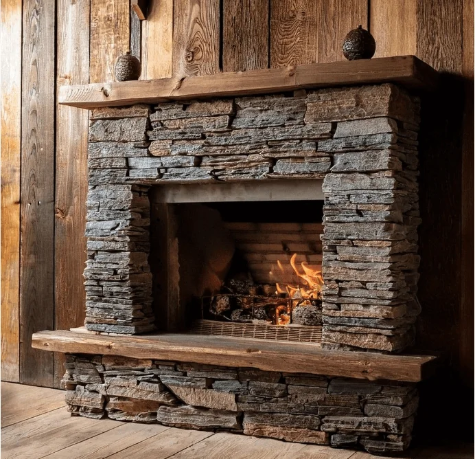 Finished flexible stone veneer fireplace cladding installation with wooden mantel